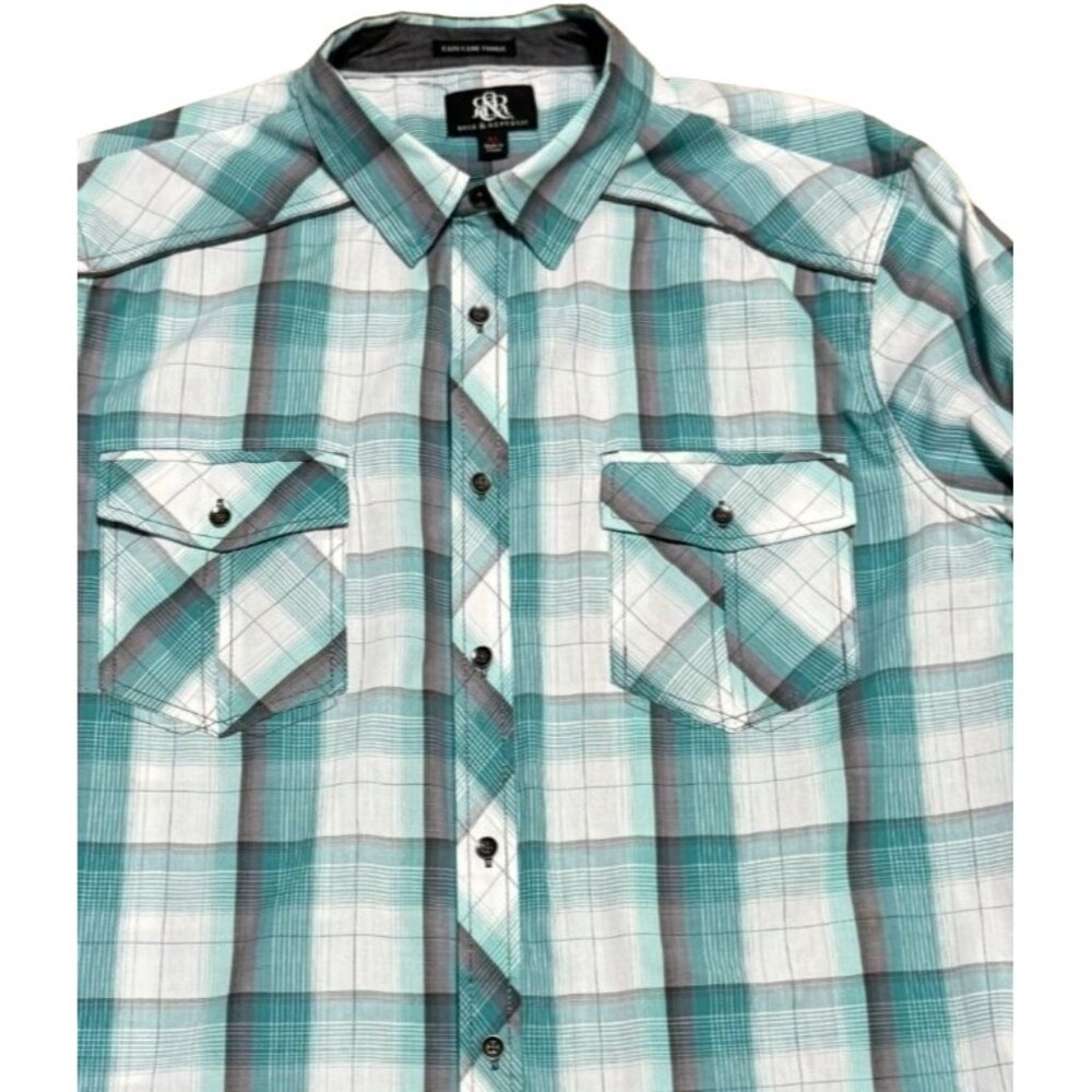 Rock & Republic Plaid Shirt Sz XL Long Sleeve Green White Roll Tab Sleeves Mens - Picture 2 of 5
